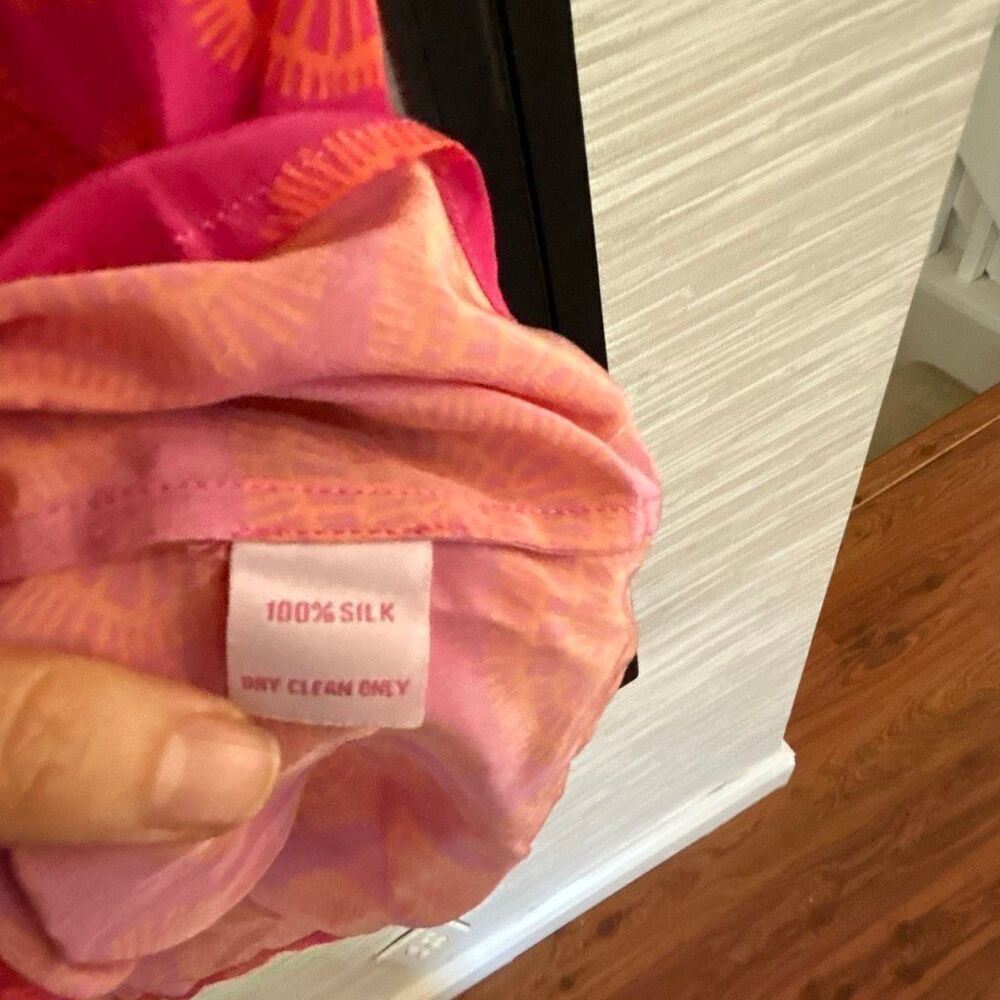 NWT Lauren Gold 100% silk Palm Beach style pink orange cap sleeve printed blouse - Picture 3 of 4